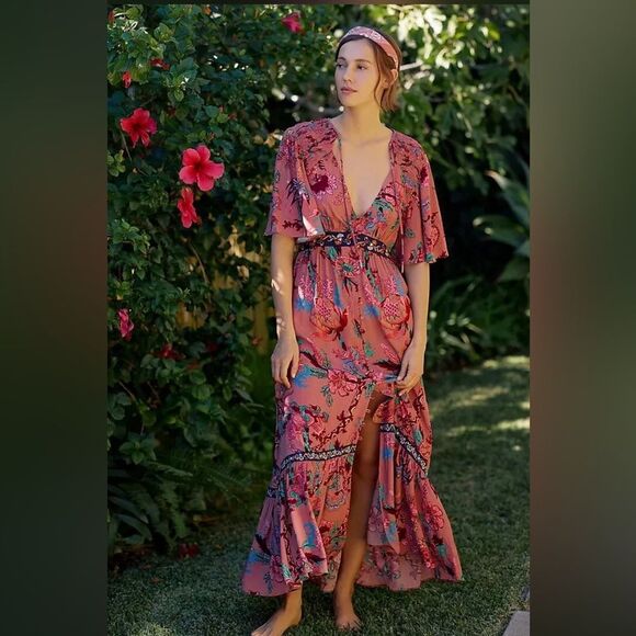 By Anthropologie Ruffled Embroidered Floral Print Maxi Dress - Picture 1 of 12
